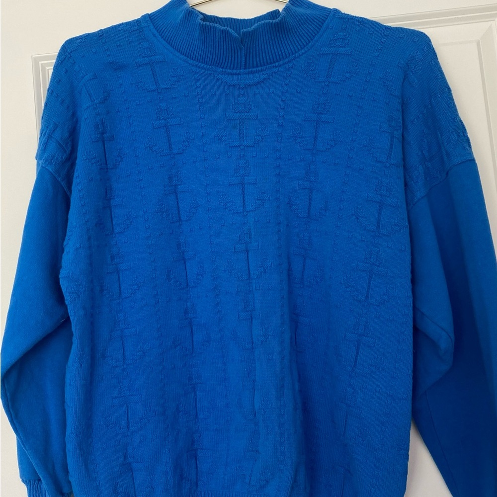 Vintage Blue Cowl Neck Sweater with Knit Anchor Detailing